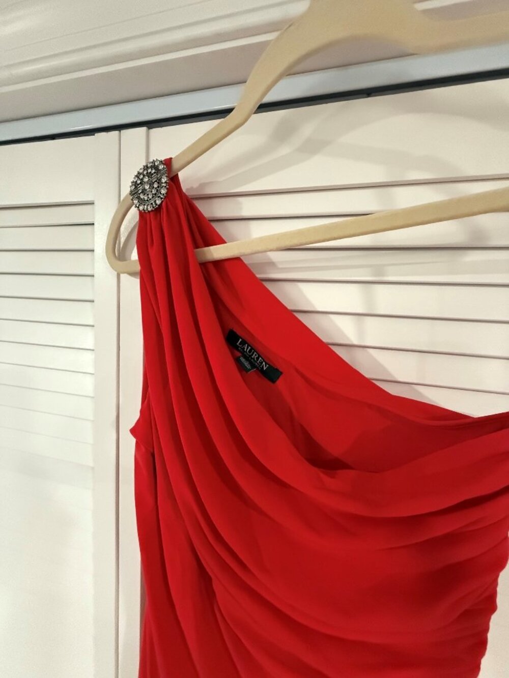 Ralph Lauren Ruched Red Dress with Gold Detail on Shoulder